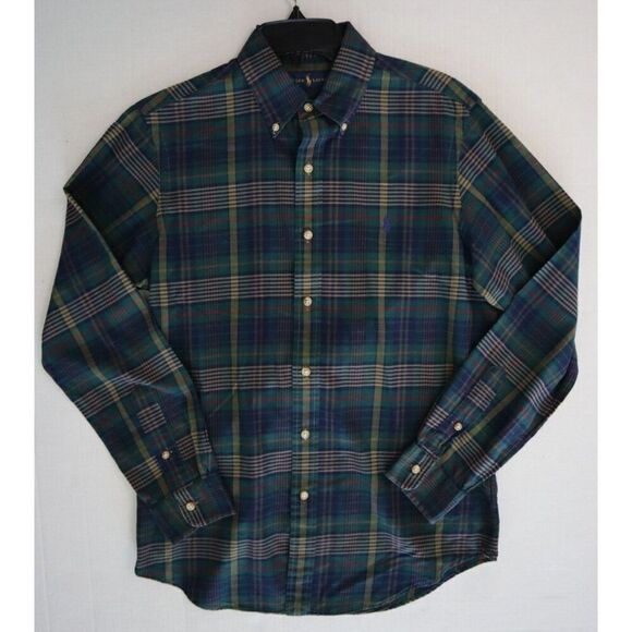 Ralph Lauren Men's Sz S Green/Navy Plaid Custom Fit Button-Up Poplin Shirt - Picture 6 of 6